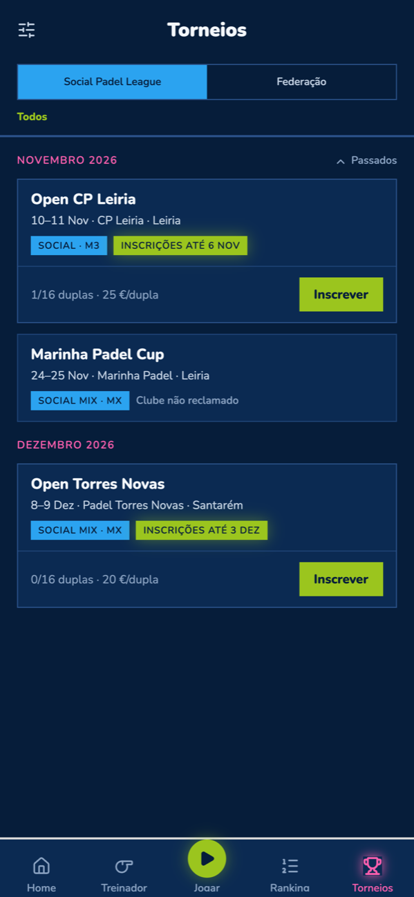 Ecrã Torneios da app SPL
